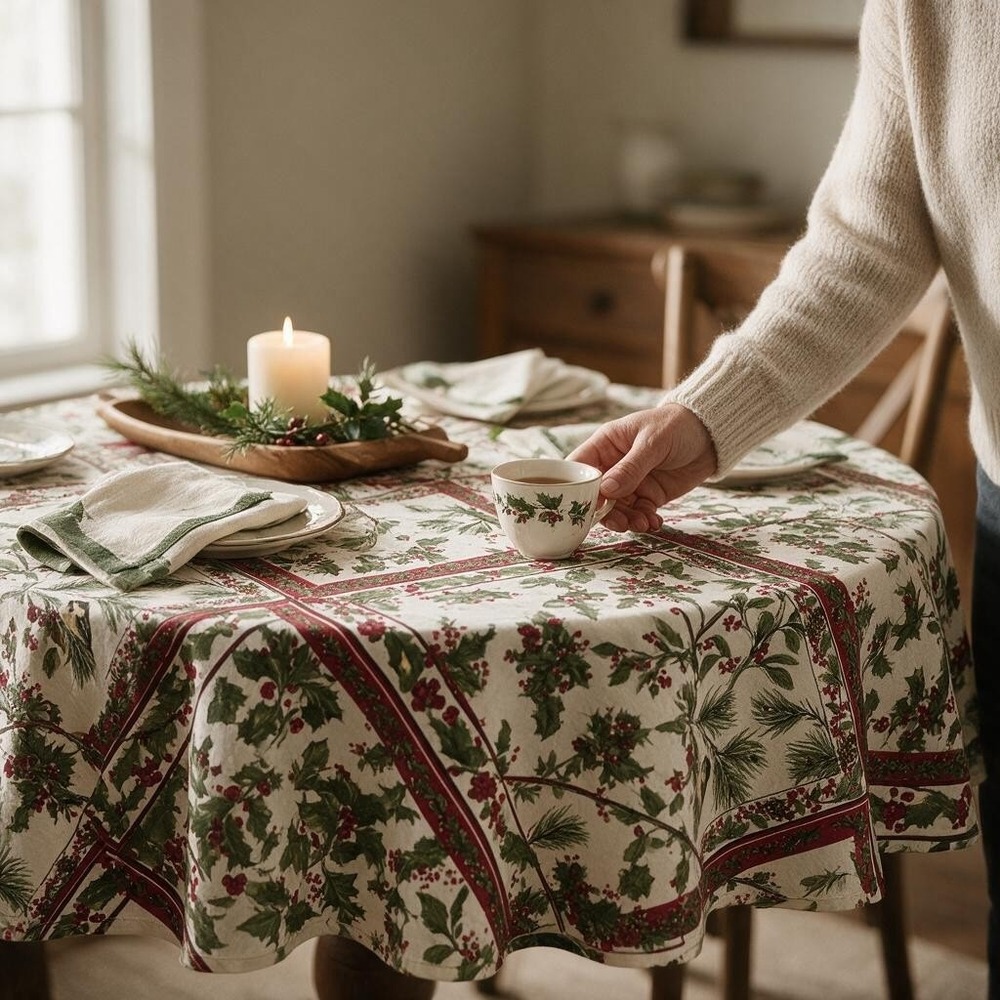 April Cornell Tablecloth Round 70in Cream Red Green New Holiday Botanical Cotton